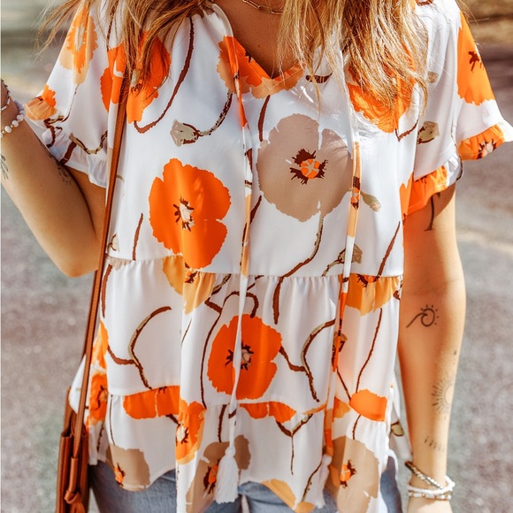 FLORAL PRINTED FLOUNCE SLEEVE TIE-NECK PEPLUM BLOUSE - Picture 6 of 6